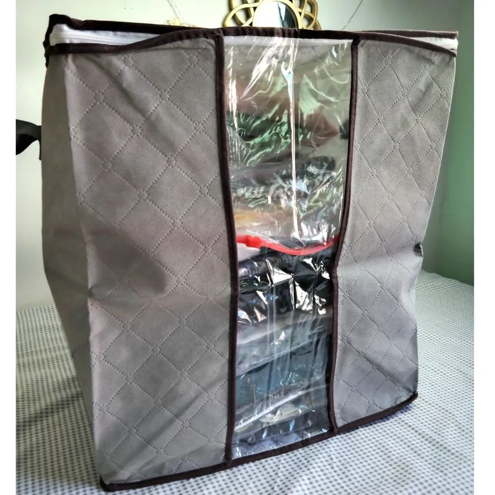 2 Pack Foldable Clear Window Grey Zippered Storage Bag Size 16x11x 18 NWOT